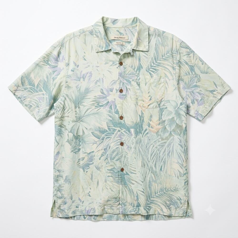 TOMMY BAHAMA 100% Silk Hawaiian Camp Shirt Beige Floral Vacation Mens Medium